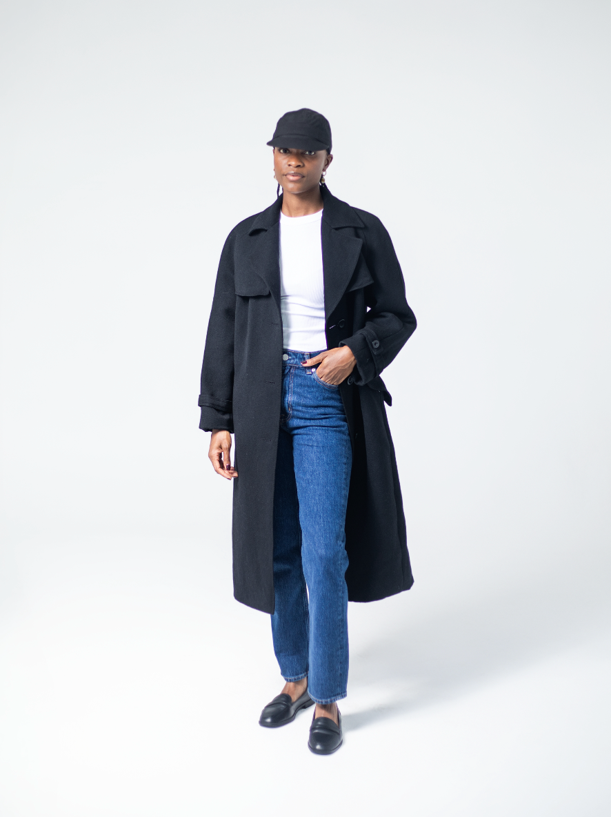 Women's black wool coat with tailored fit and lapel collar