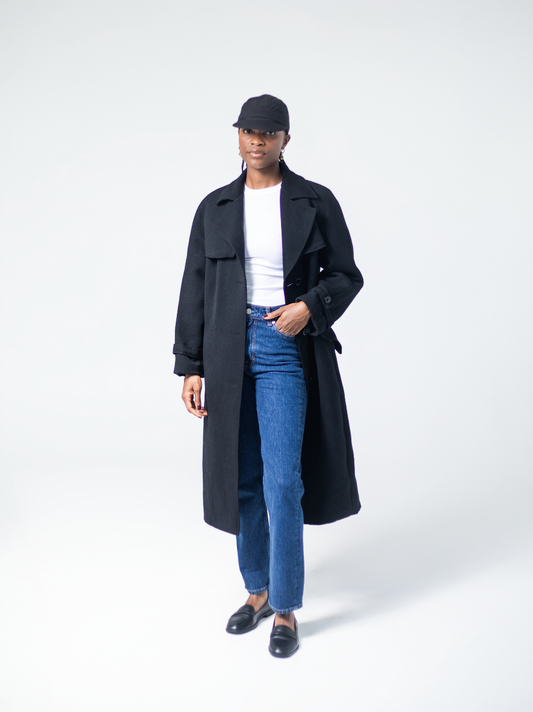 Women's black wool coat with tailored fit and lapel collar
